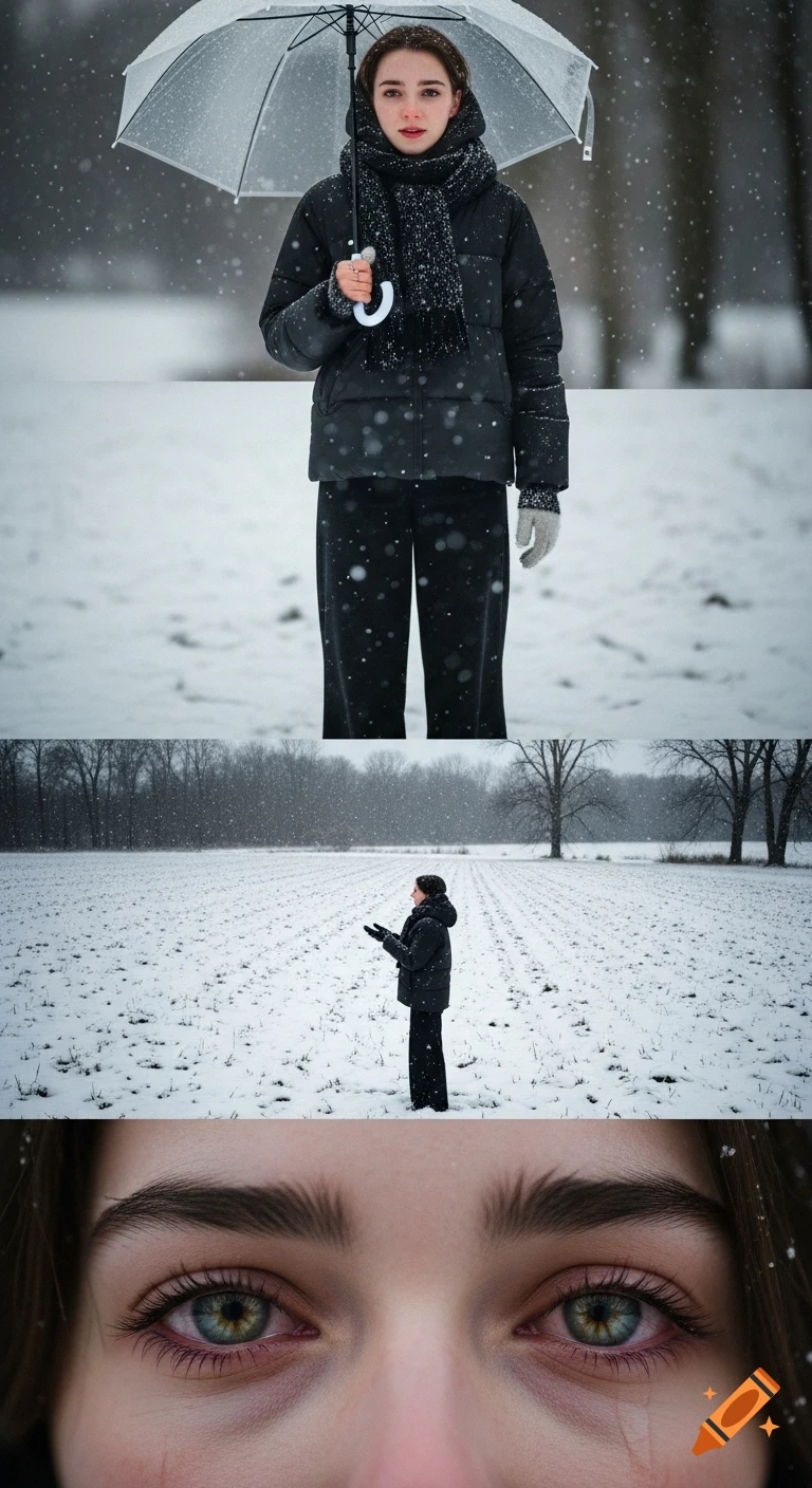 Three vertical panels: a person with a transparent umbrella in snow, a person in a vast snowy field, and a close-up of sad, teary eyes.