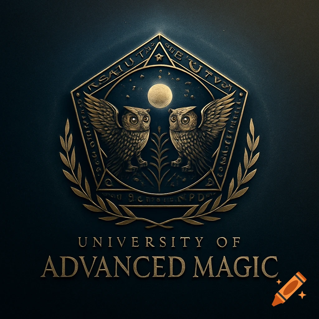 A golden logo for the University of Advanced Magic featuring two owls, a moon, stars, and laurel wreaths on a dark background.