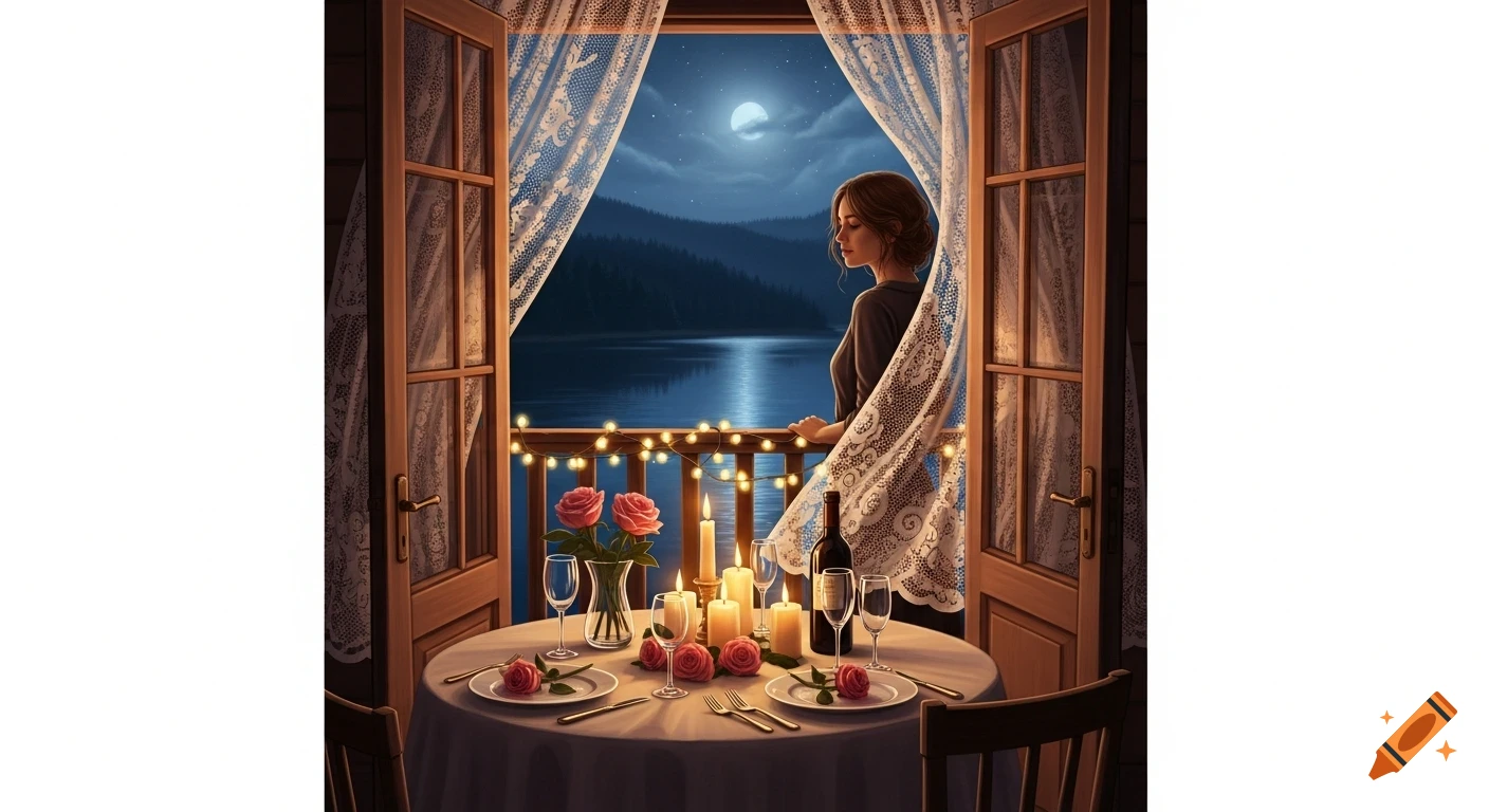 A woman stands on a balcony overlooking a moonlit lake at night, next to a romantic dinner table set with roses, candles, and wine.