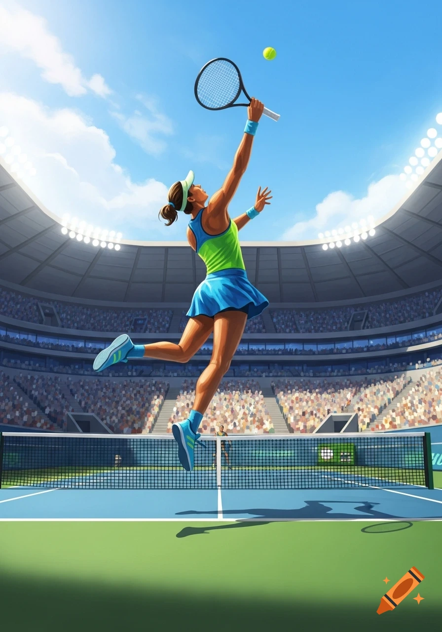 A female tennis player in a blue and green outfit jumps to serve a tennis ball on a blue court in a large stadium, under a blue sky.