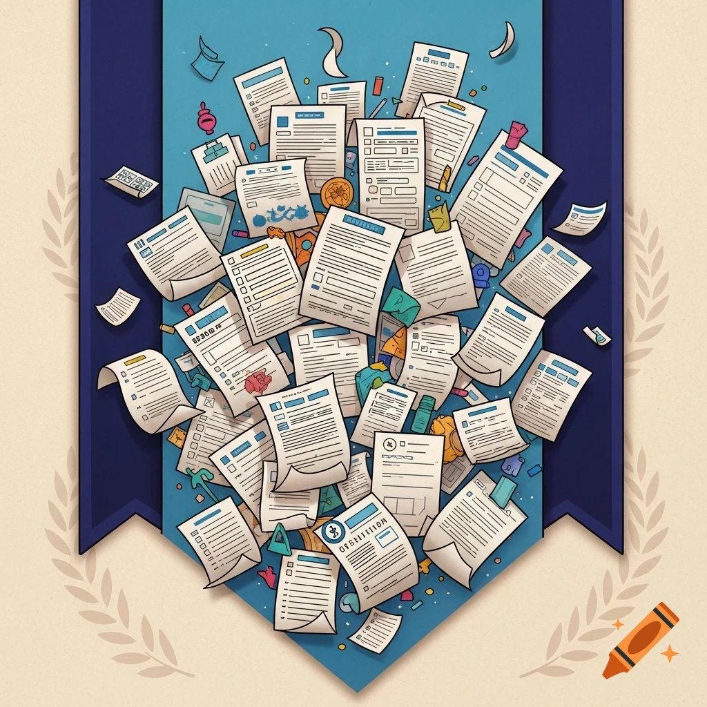 An illustration of a blue banner overflowing with many stylized white documents and questionnaires, with faint laurel wreaths on a beige background.