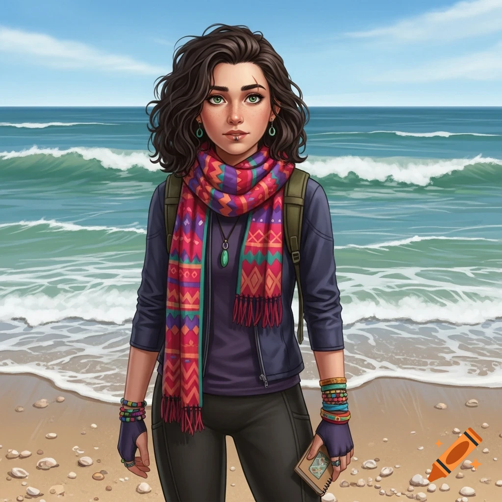 A young woman with wavy dark hair, colorful scarf, and backpack stands on a sandy beach with ocean waves, holding a notebook. Digital art.