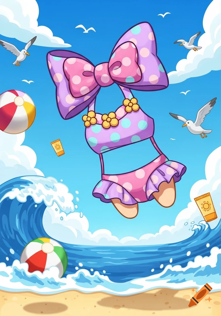 Cartoon illustration of a colorful polka-dotted swimsuit with a large bow floating above a beach with waves, beach balls, and seagulls.