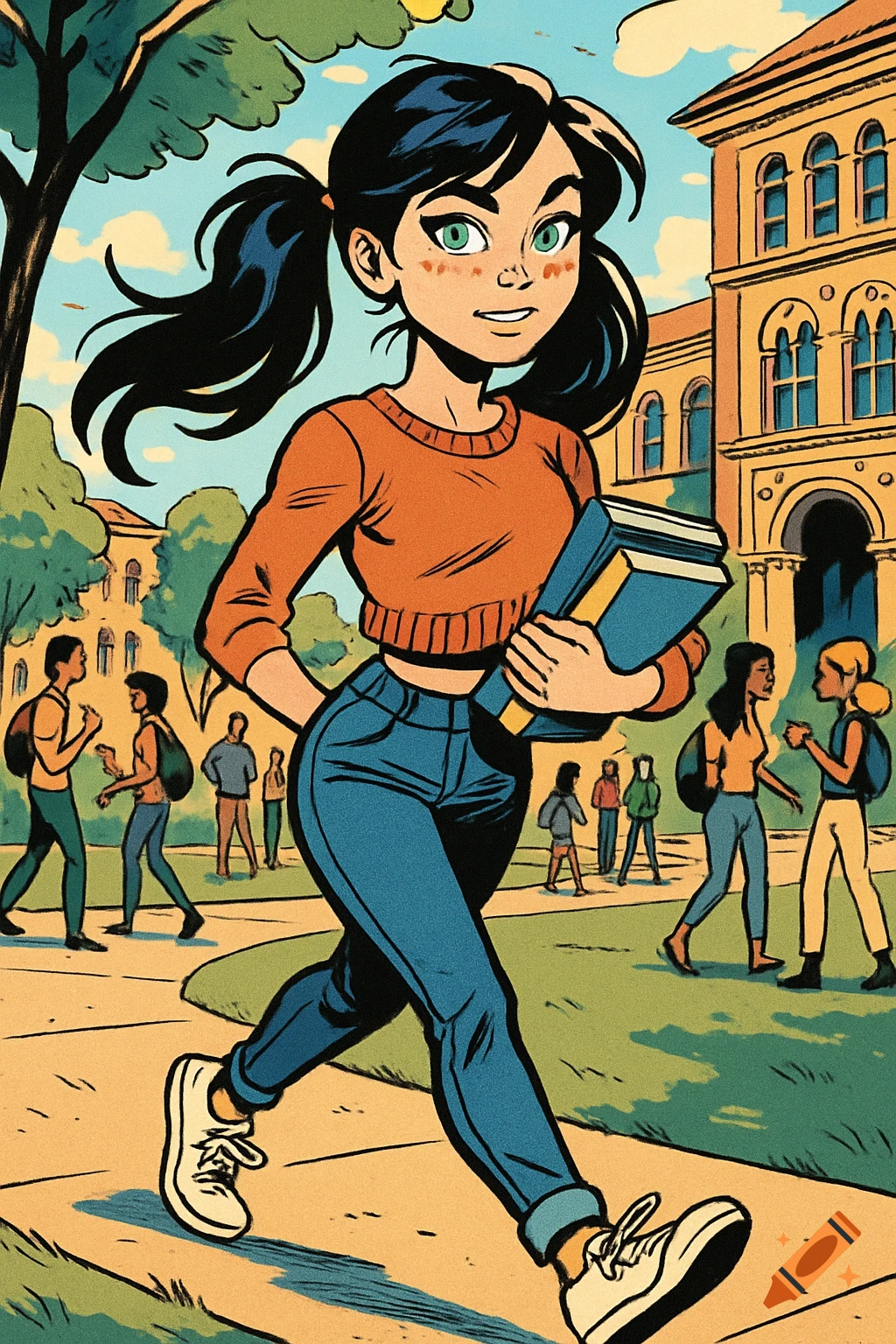 A young woman with black pigtails and green eyes, wearing a cropped orange sweater and jeans, walks across a college campus holding books in a comic art style.