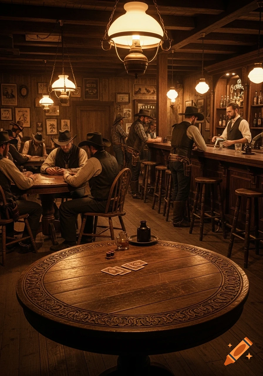 A photorealistic scene inside a dimly lit old Western saloon, with cowboys playing cards at a table in the background and others standing at the bar, served by a bartender. An empty, intricately carved wooden table is in the foreground.