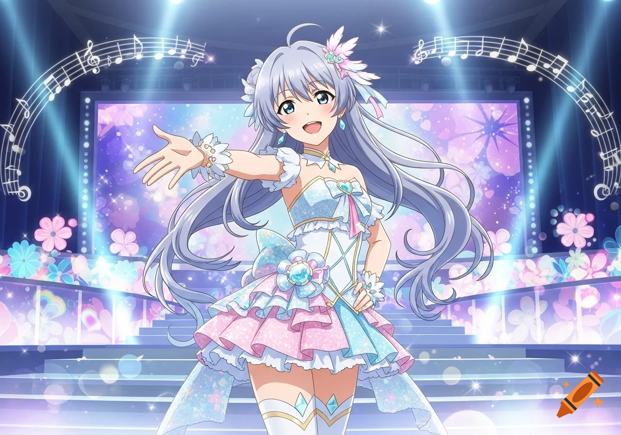 An anime idol with long silver hair in a frilly pink, blue, and white dress performs on a stage with floating musical notes.