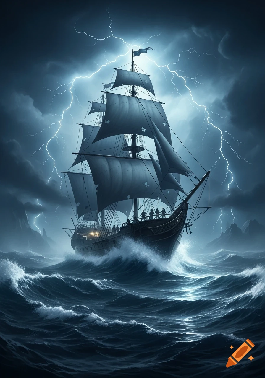 A dramatic sailing ship with full sails battles stormy dark blue seas, illuminated by bright lightning under a cloudy night sky.