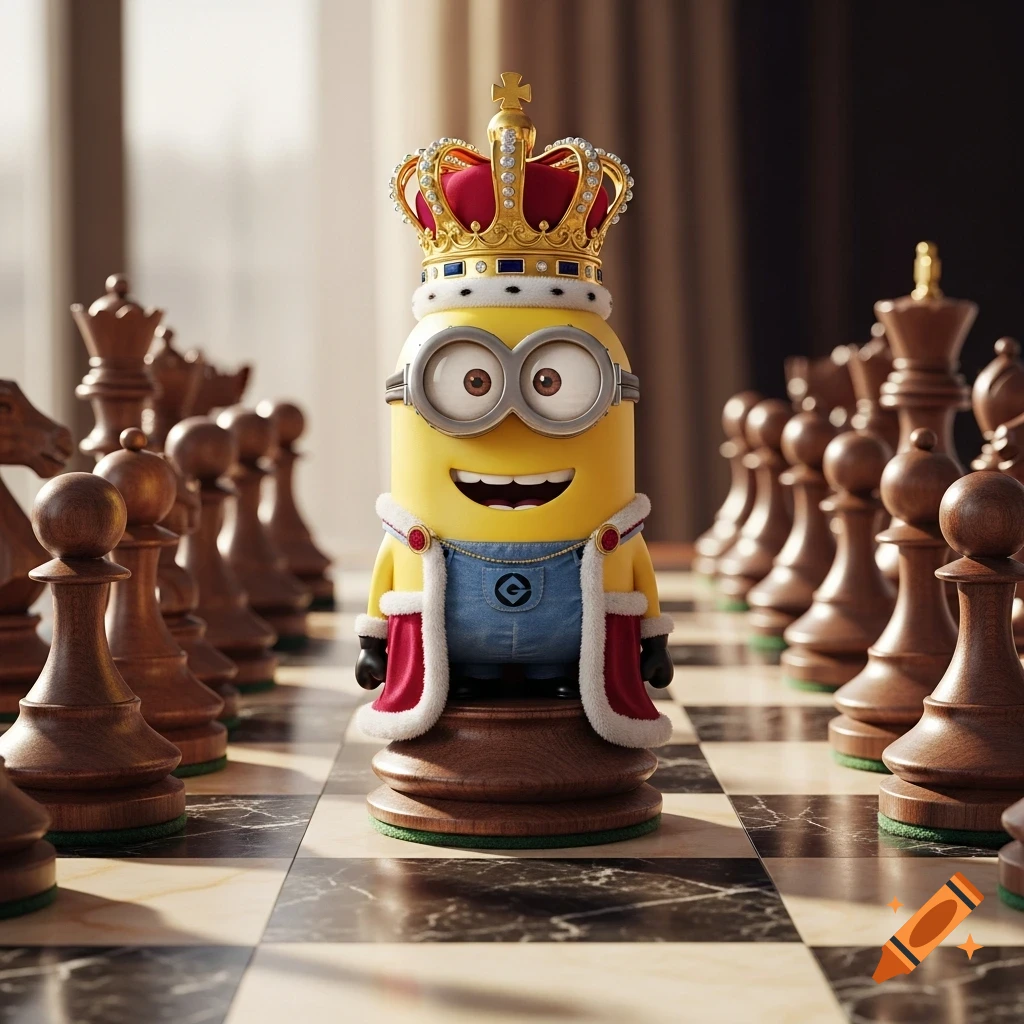 A smiling Minion wearing a golden crown and a royal robe stands as a king chess piece on a chessboard, surrounded by other wooden chess pieces.