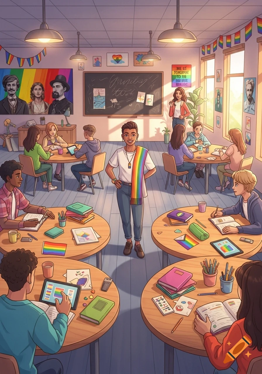 A vibrant illustration of a diverse classroom with students and a teacher, featuring rainbow pride flags and themed decor.