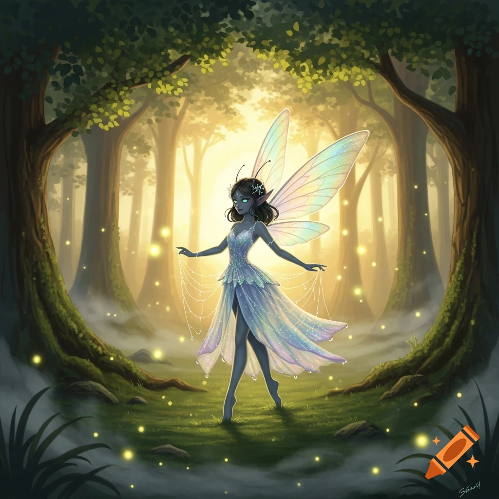 A graceful fairy with iridescent wings and a shimmering dress stands in a magical, glowing forest with fireflies.