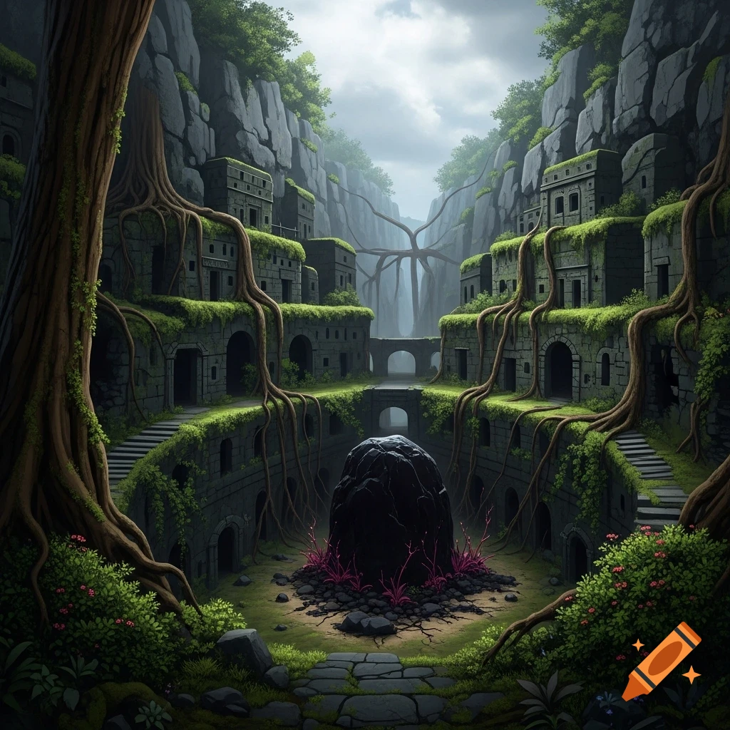 Digital illustration of ancient, moss-covered stone ruins in a lush valley with a large dark stone in the center under misty skies.