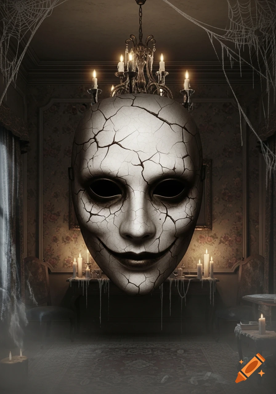 Cracked, creepy white mask with black eyes and a slight smile hangs in a dark, cobwebbed gothic room with lit candles.