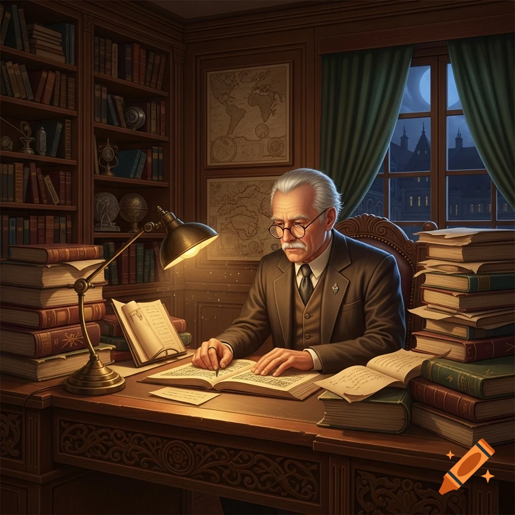 An old historian with a mustache and glasses studies at a wooden desk with many books and a lamp in a library at night.