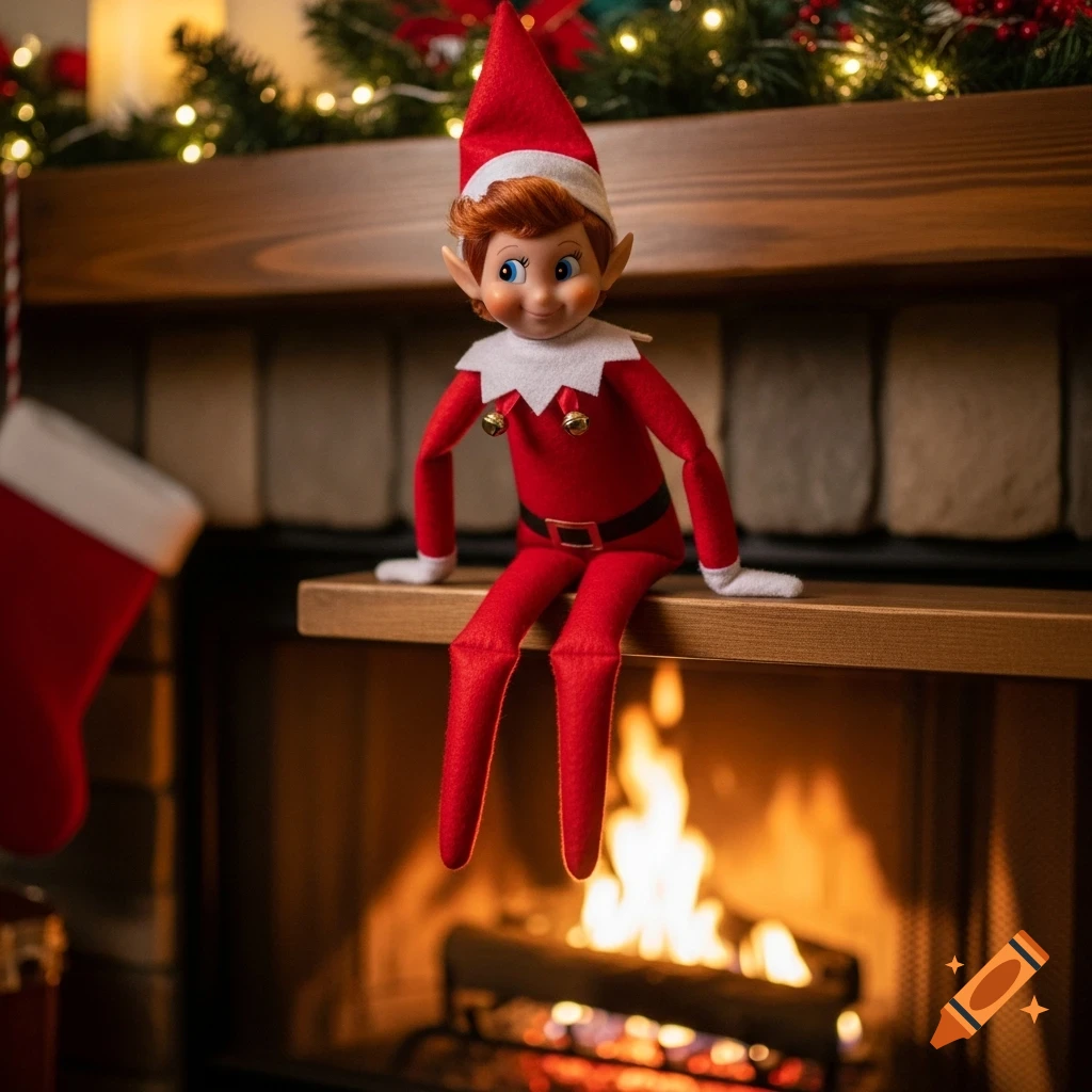 An Elf on the Shelf doll with red clothing and a pointed hat sits on a wooden mantelpiece above a cozy fireplace decorated for Christmas.