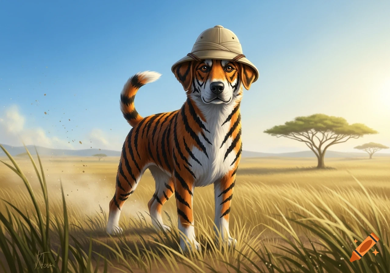 A cute dog with tiger stripes and a safari hat stands in a golden savanna with acacia trees under a blue sky.