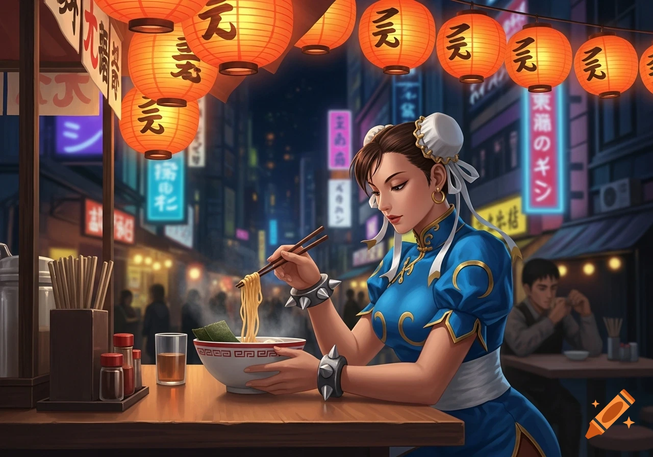 Chun-Li from Street Fighter eats ramen with chopsticks at a street food stall at night, surrounded by glowing lanterns and neon signs in a Japanese city.