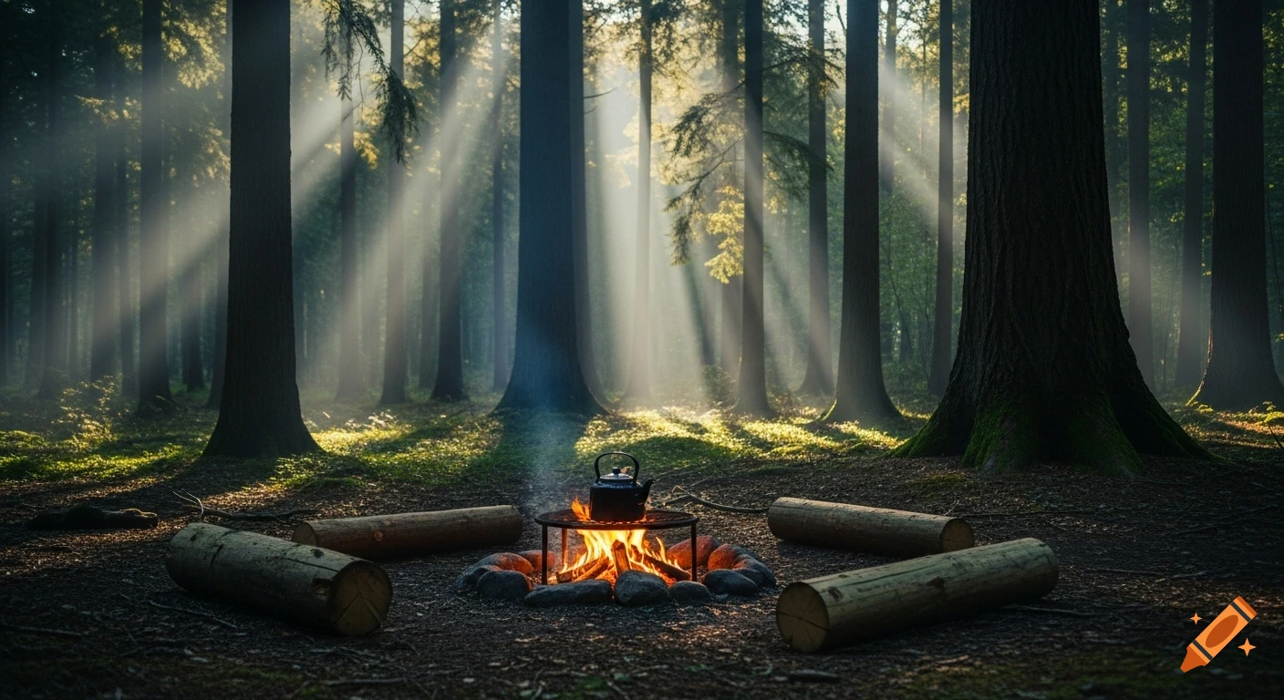 Photorealistic view of a solitary campfire with a kettle, surrounded by logs in a misty forest clearing with sun rays.