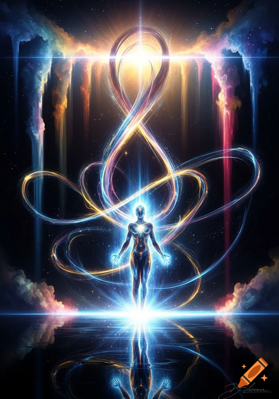 Ethereal glowing human figure amidst swirling colorful light trails and cosmic clouds, reflected on a dark surface.