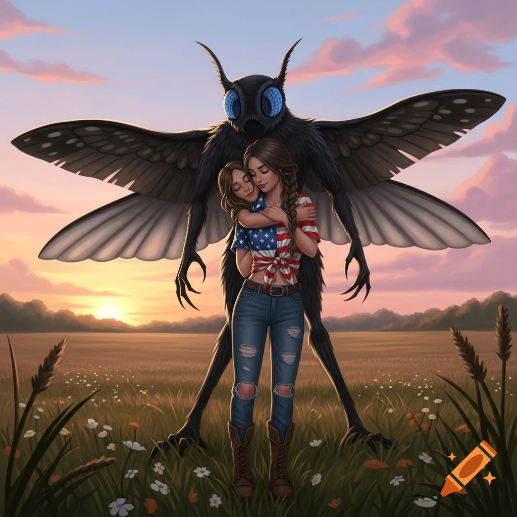 An illustration of a woman in an American flag shirt hugging and kissing a large, dark Mothman cryptid in a wildflower field at sunset.