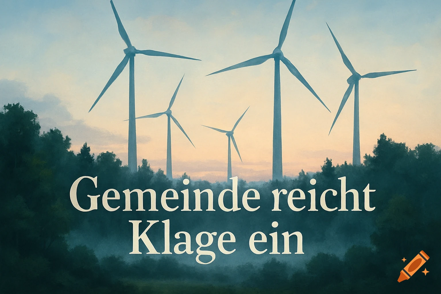 Painterly image of wind turbines behind a misty forest at dusk with the German text 'Gemeinde reicht Klage ein'.