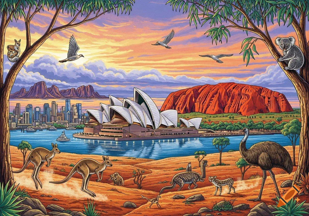 Vibrant illustration of Australian landscape featuring Sydney Opera House, Uluru, cityscape, kangaroos, koala, and emus at sunset.