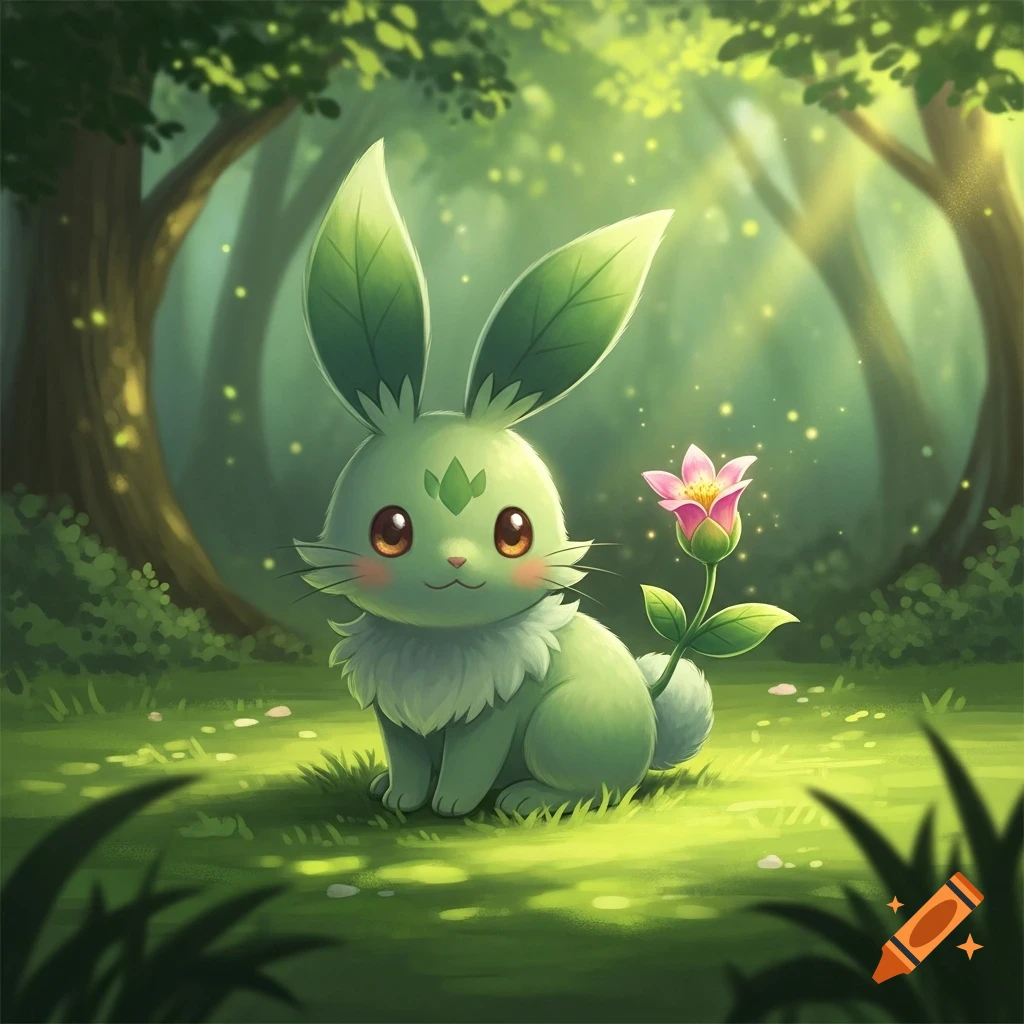 A cute, green, rabbit-like fakemon with leafy ears and a pink flower on ...