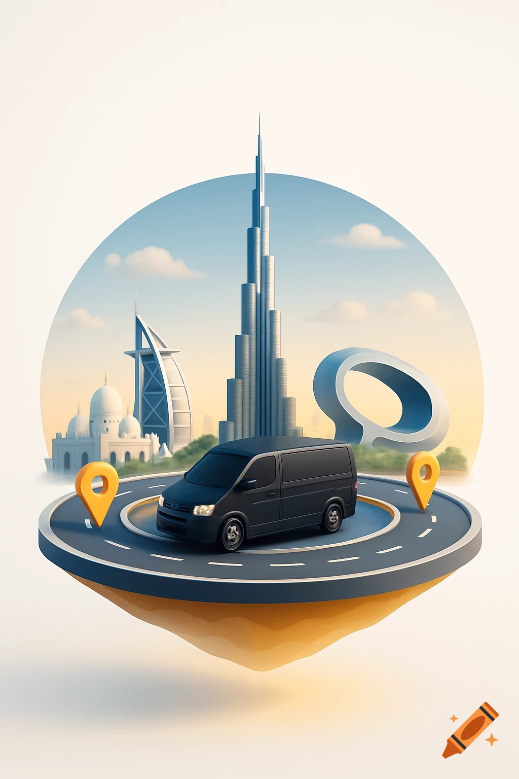 A stylized 3D illustration features a black delivery van on a floating circular road with yellow map pins, set against Dubai's iconic skyline including the Burj Khalifa.