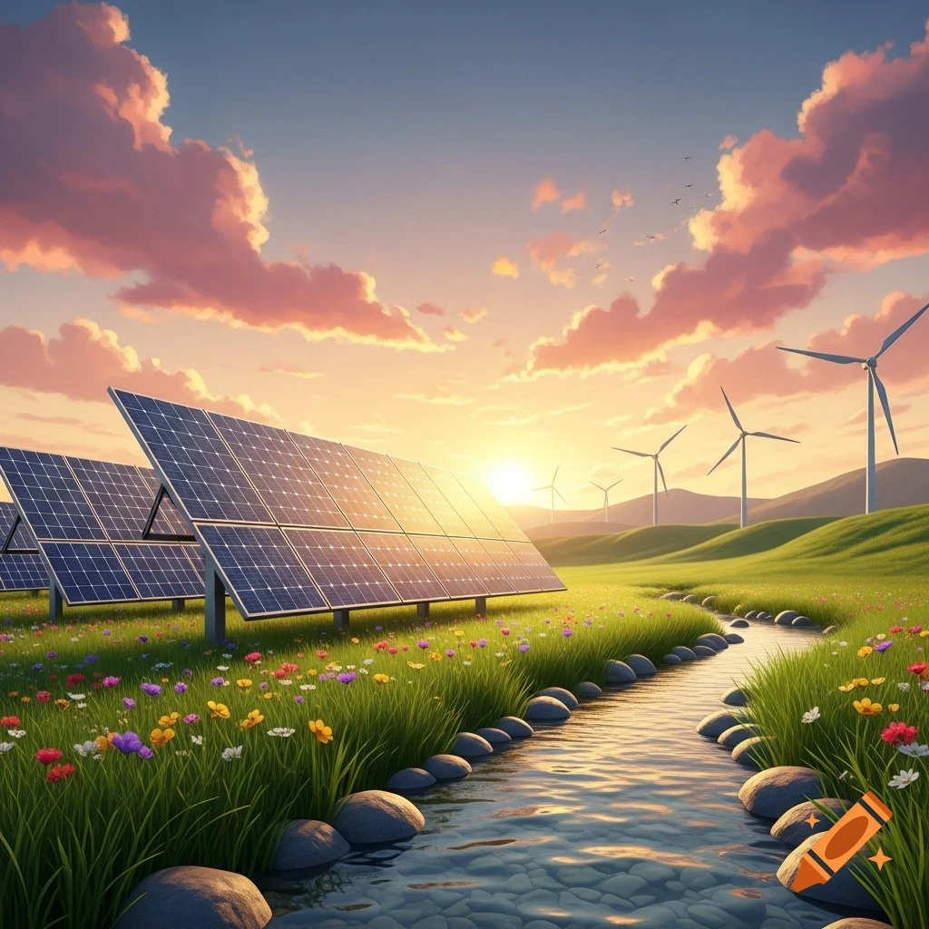 A vibrant landscape at sunset with solar panels and wind turbines in a field of wildflowers next to a rocky stream.