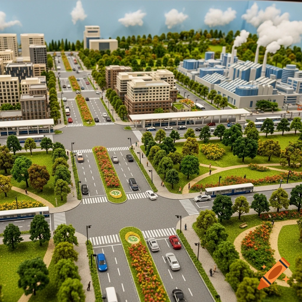Detailed architectural model of a modern city, featuring roads with cars and buses, multi-story buildings, green parks with trees, and factories emitting smoke.