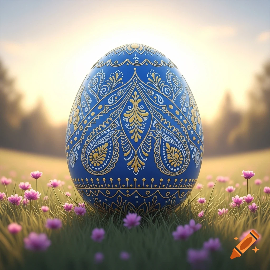 A blue Easter egg with intricate gold and white patterns sits in a field of green grass and pink flowers under a sunny sky.