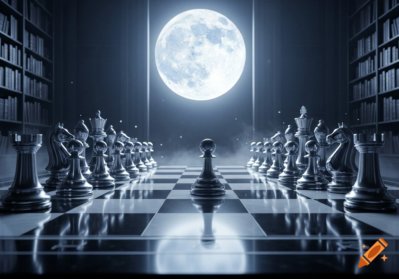 A moody, low-angle shot of a chess board with metallic pieces under a giant full moon, flanked by bookshelves.