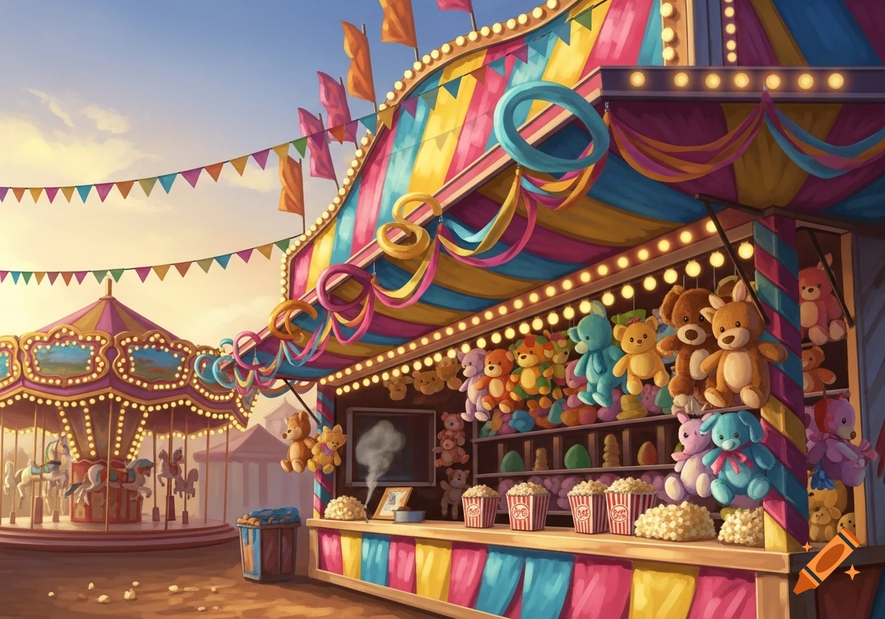 Colorful illustration of a carnival booth with stuffed animal prizes and popcorn next to a carousel at sunset.