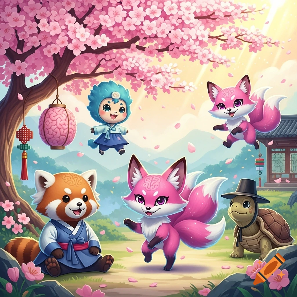 A cute cartoon red panda, two pink foxes, a turtle, and a child in Korean hanbok under a cherry blossom tree.