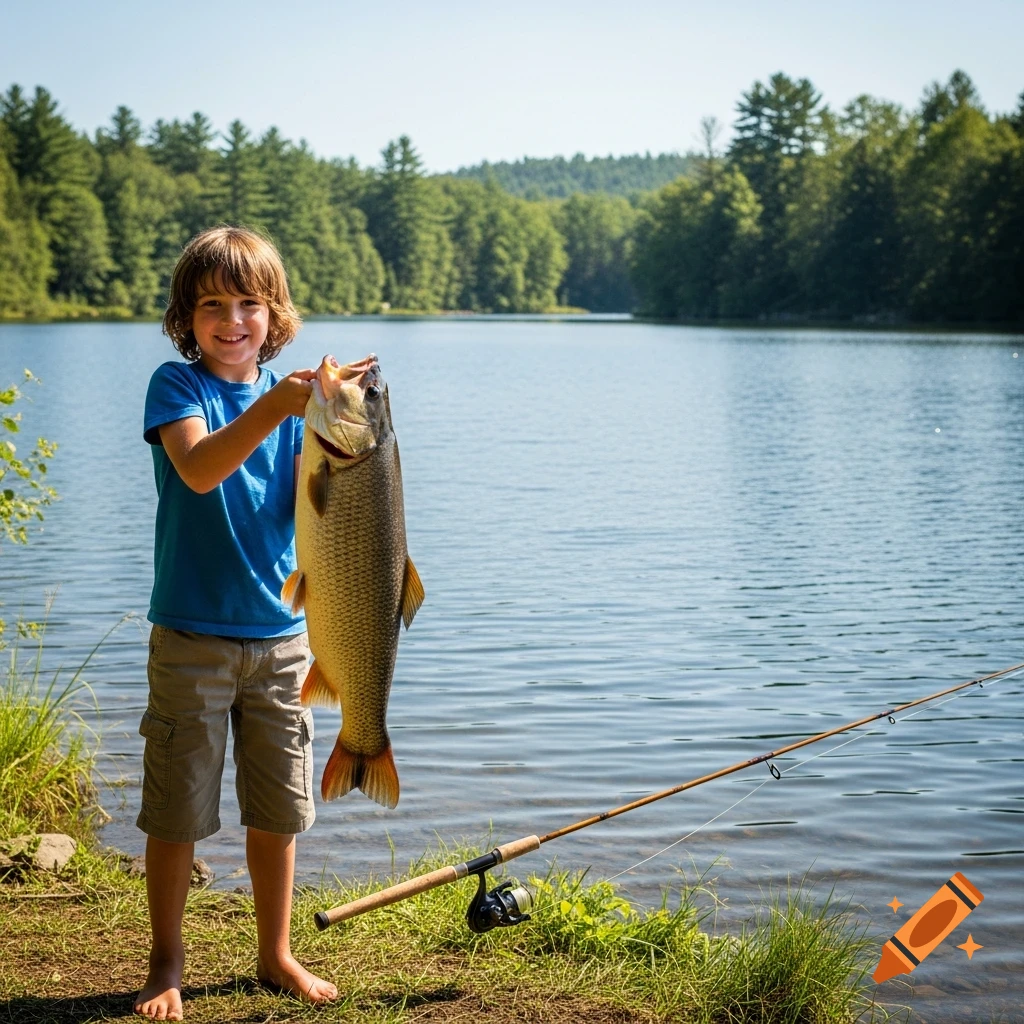 A smiling child happily holds a large fish they caught, standing barefoot by a lake with a fishing rod nearby.