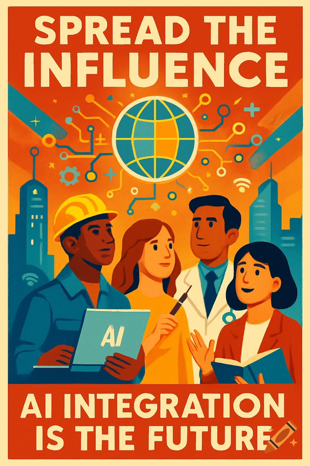 A propaganda poster in Google art style featuring diverse people, a globe surrounded by circuits, and text "SPREAD THE INFLUENCE" and "AI INTEGRATION IS THE FUTURE".