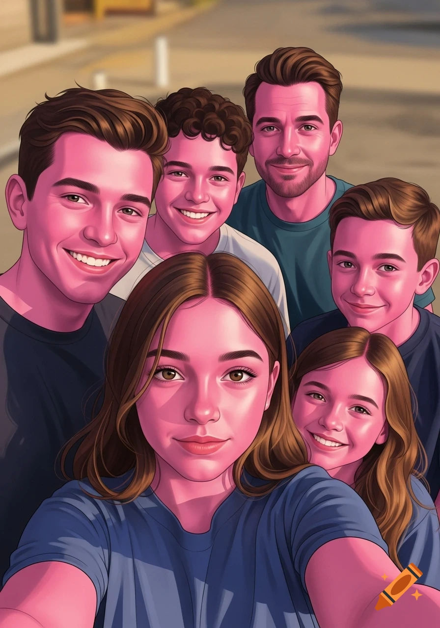 A stylized selfie of a family with pink skin, featuring two adult men, two boys, and two girls, all smiling at the camera.