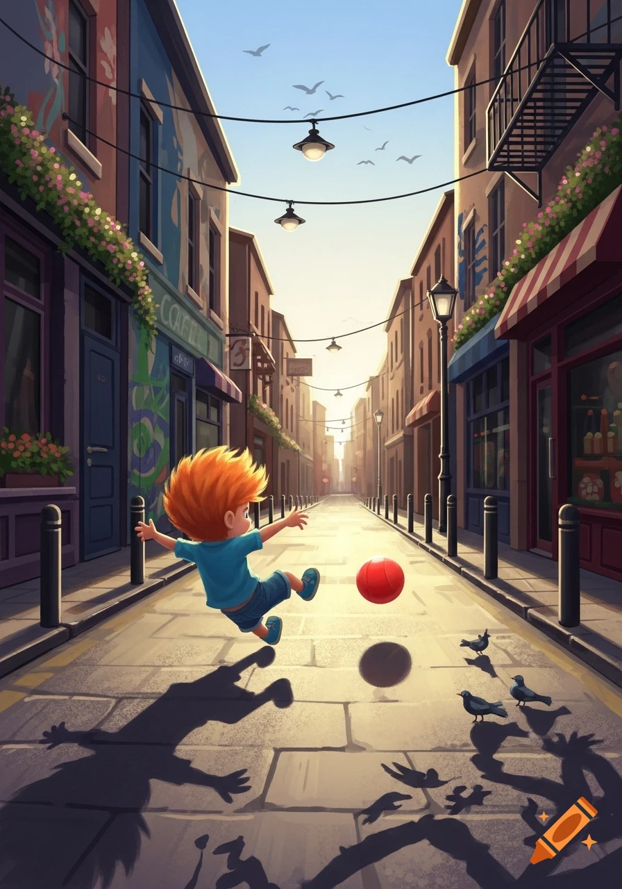 Cartoon illustration of a boy with red hair kicking a red ball down a sunlit city street with shops, birds, and long shadows.