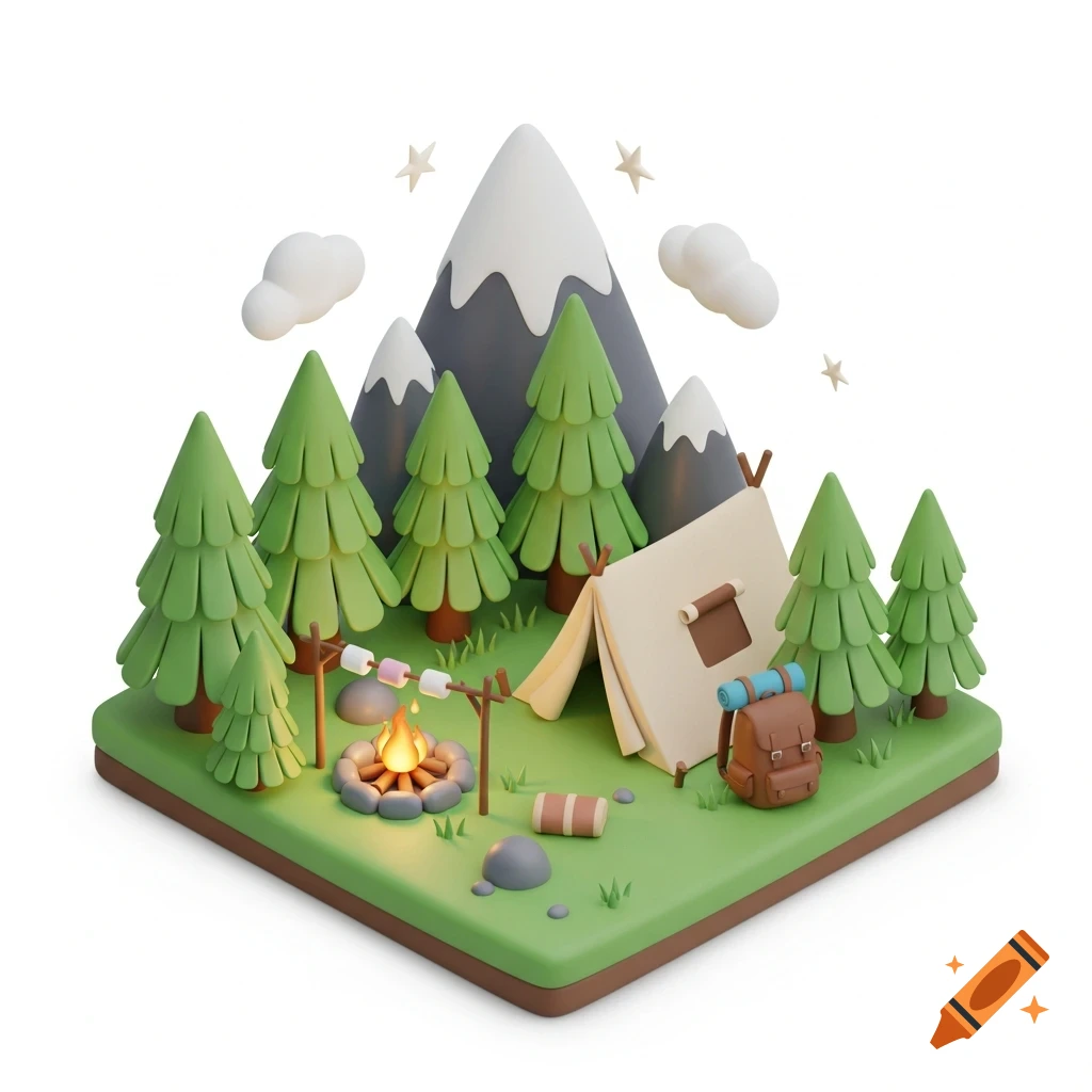 Whimsical isometric 3D illustration of a mountain campsite with a tent, campfire, marshmallows, backpack, and pine trees.
