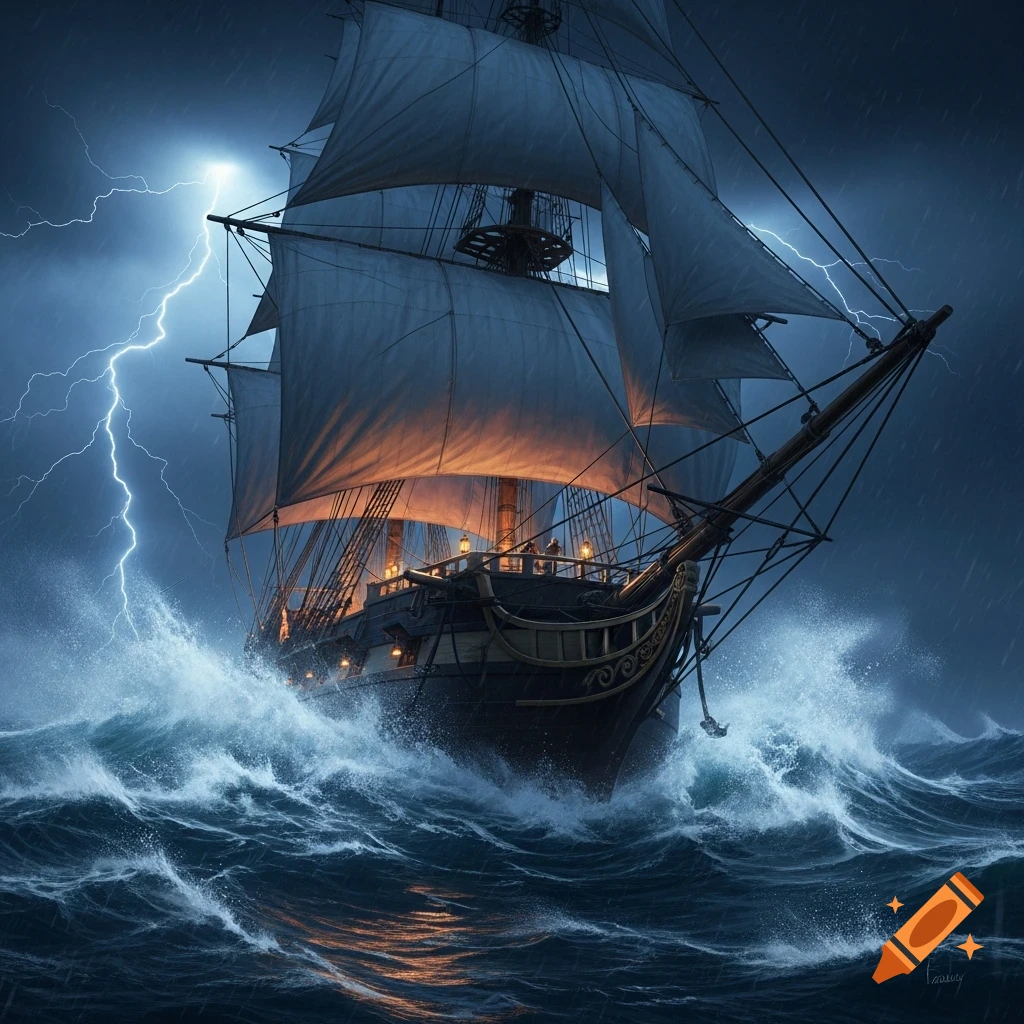 A majestic sailing ship battles towering waves during a nighttime storm, illuminated by dramatic lightning.