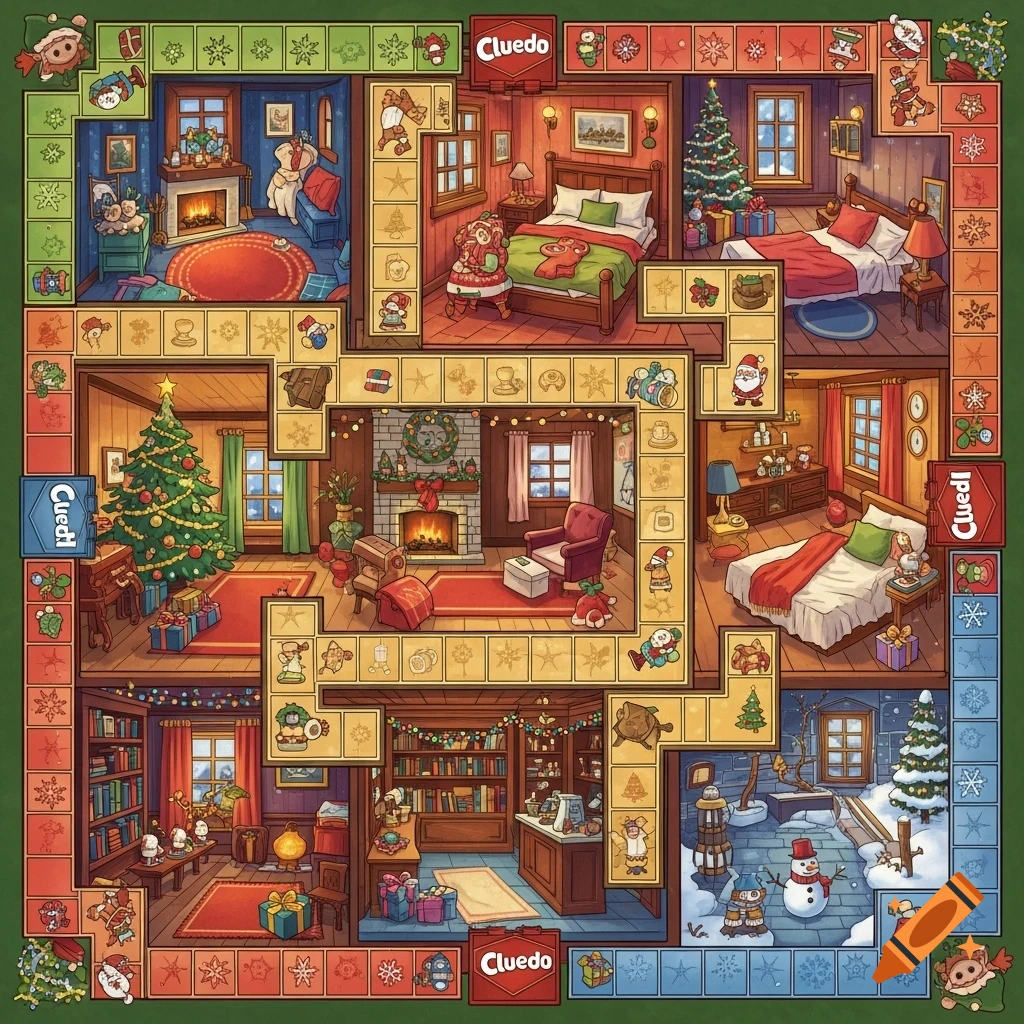 Top-down illustration of a festive Christmas-themed Cluedo board game with decorated rooms and snowy areas.