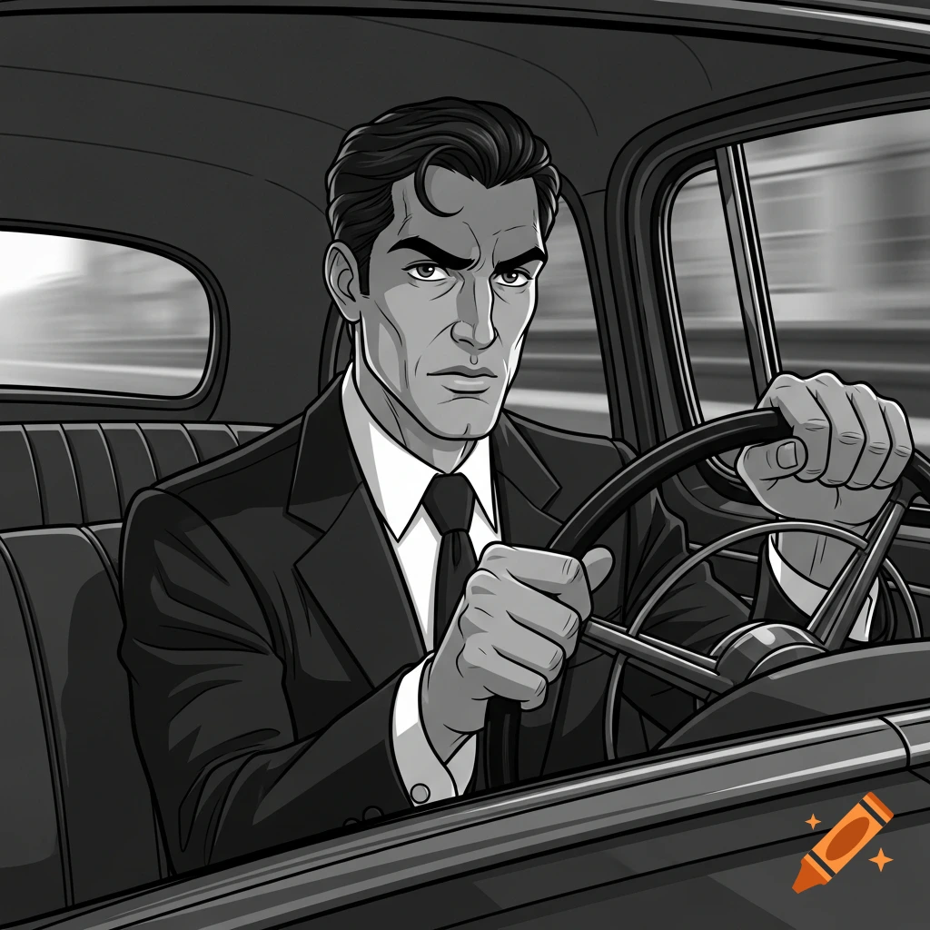 Black and white cartoon of a man with a tense expression driving a vintage car.