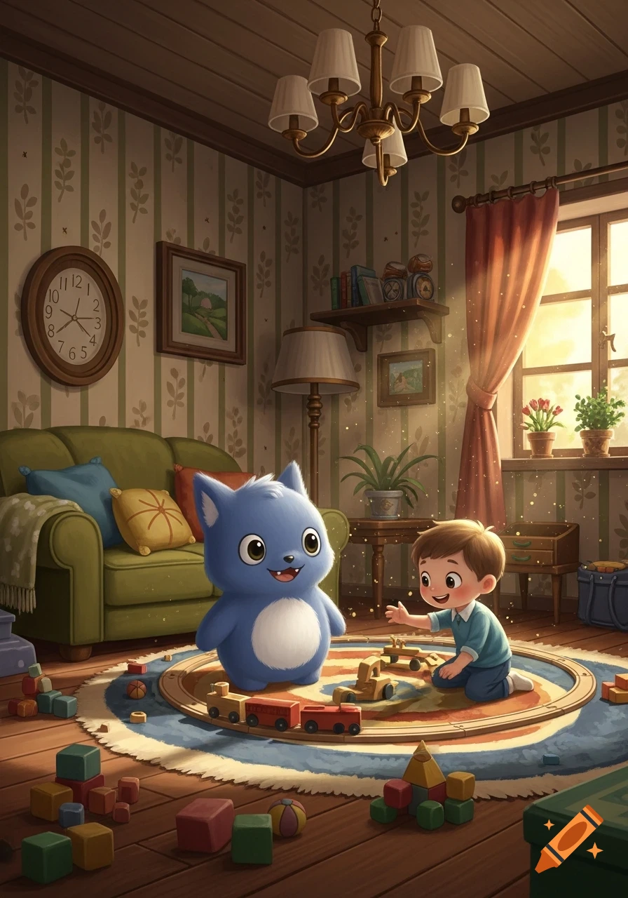 A cute blue monster and a young boy play with a wooden train set and blocks in a sunlit, patterned room.