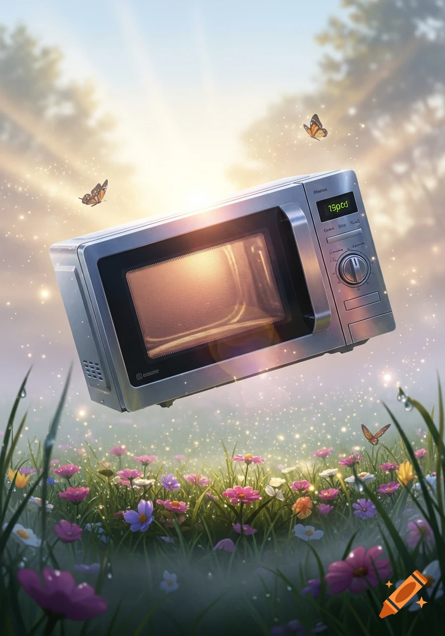A shiny silver microwave floats above a field of colorful flowers with butterflies and glowing particles at sunrise.