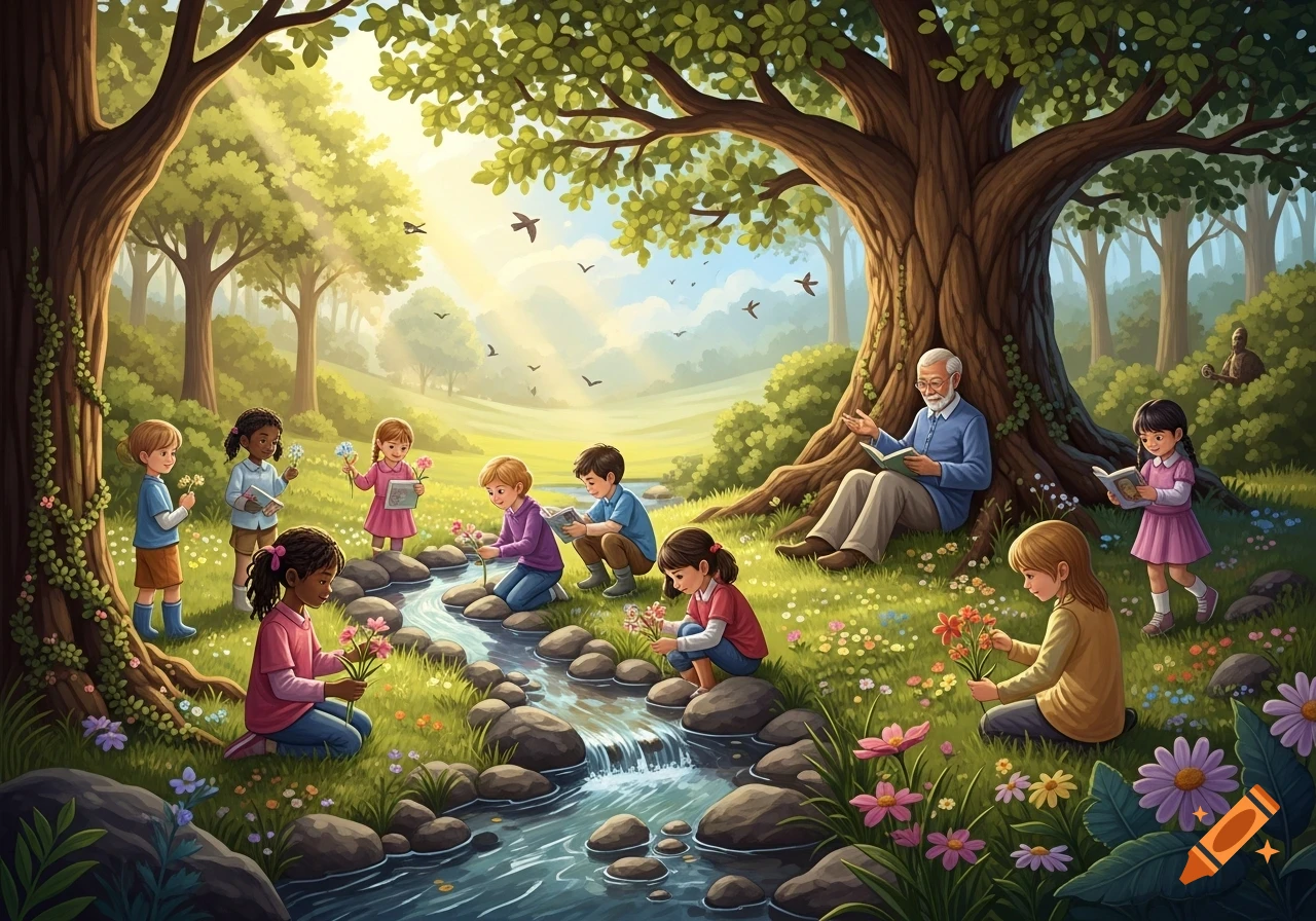 Children and an old man in a lush, green forest with a stream. Some ...