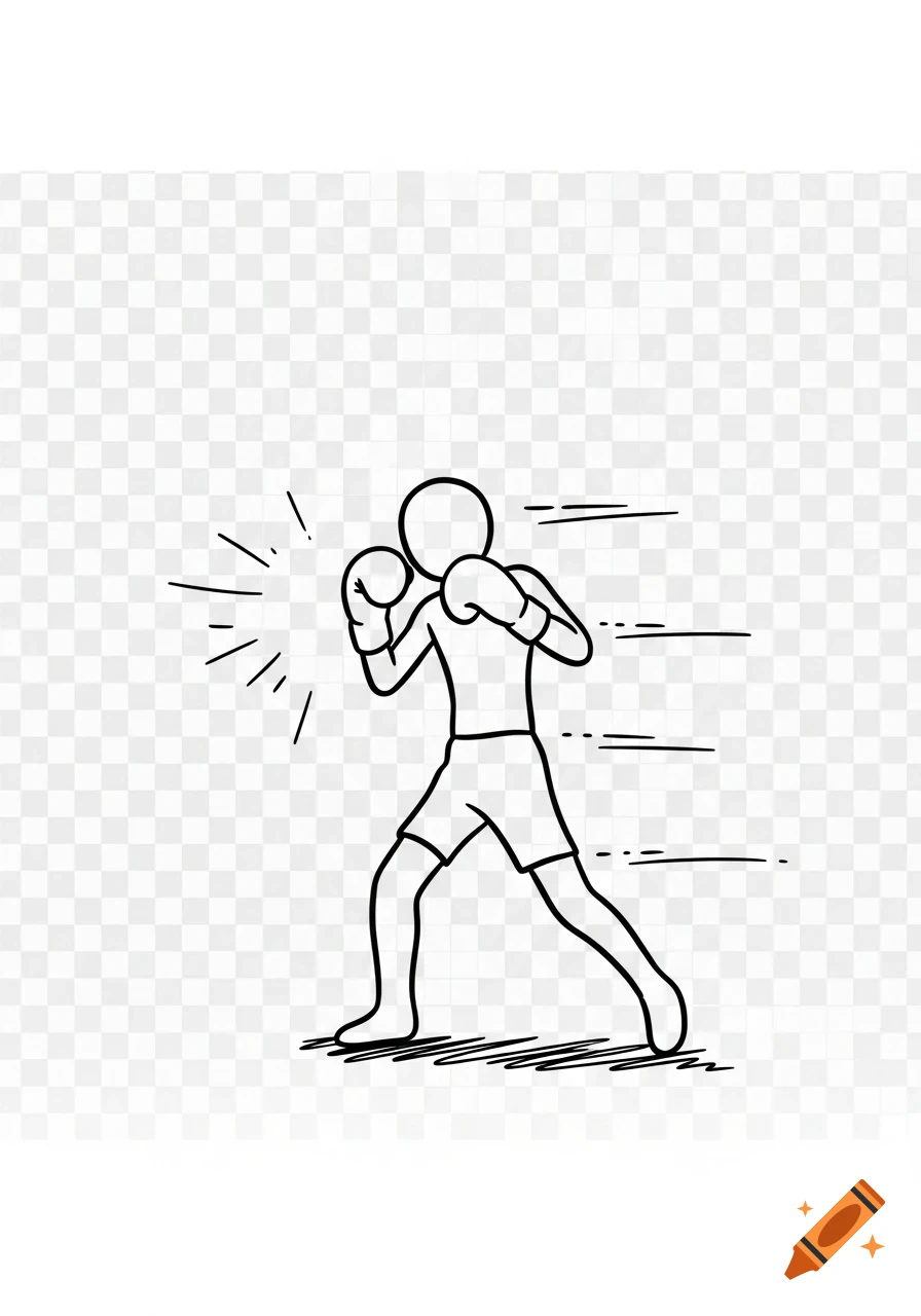A simple black and white line art illustration of a stickman boxing on a transparent background.
