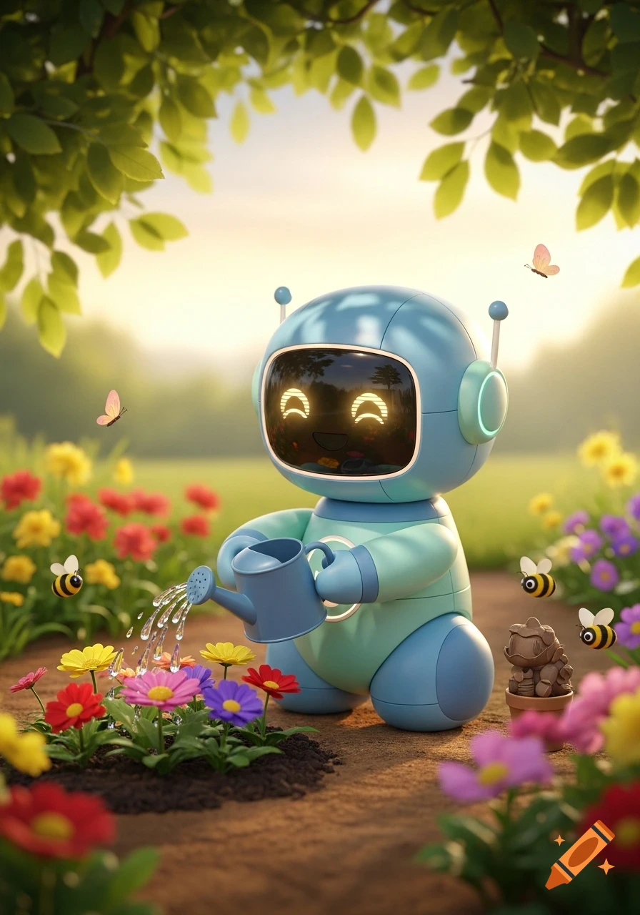 A cute blue and teal robot waters colorful flowers in a sunny garden with bees and butterflies, rendered in a stylized 3D art style.