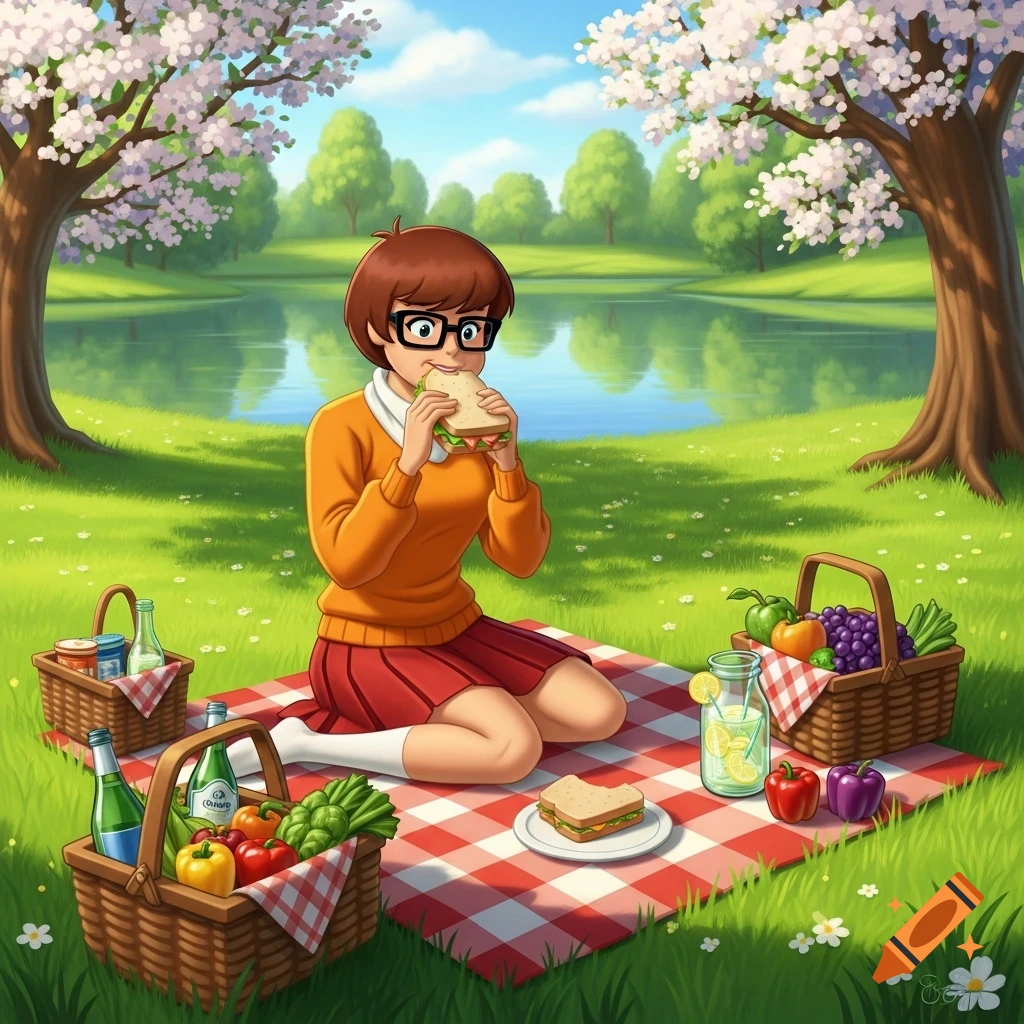 Velma Dinkley from Scooby-Doo sits on a picnic blanket, eating a sandwich in a park with cherry blossoms and a lake, in a cartoon style.