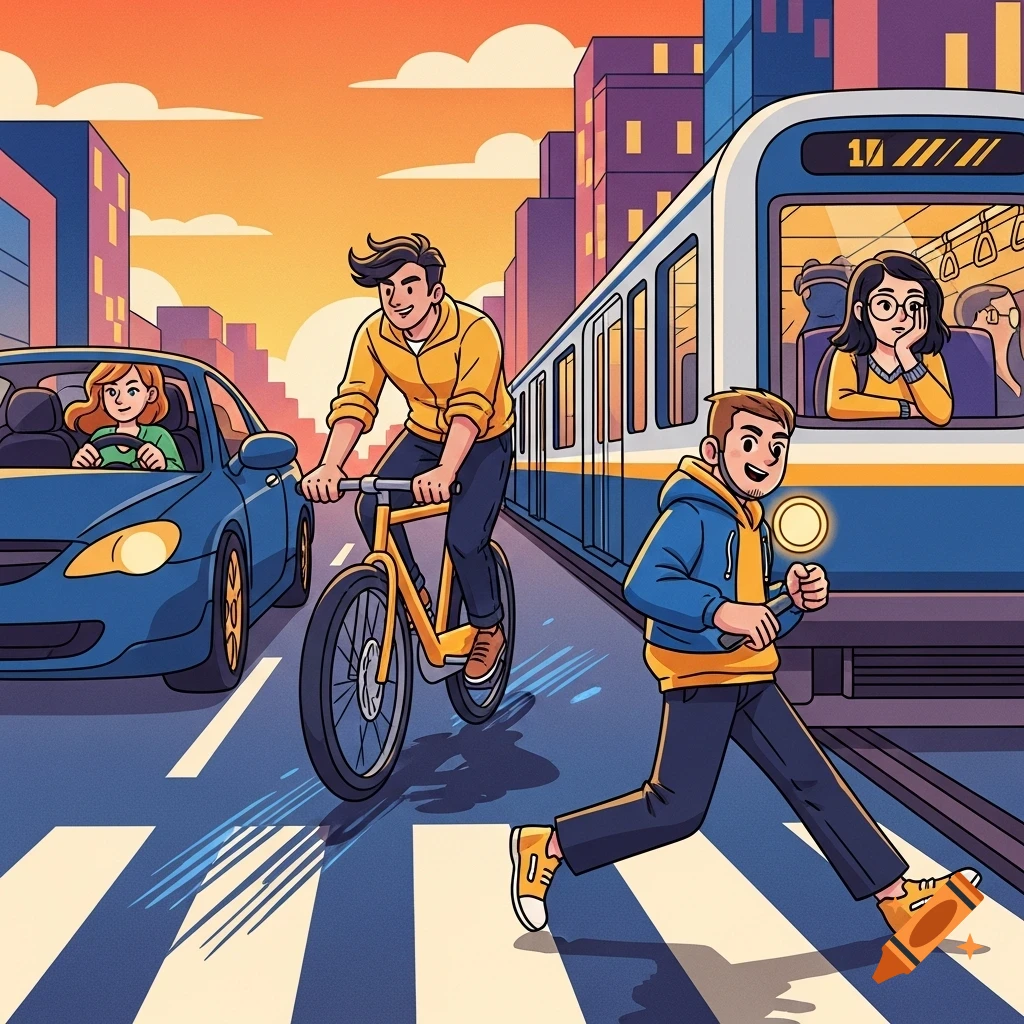 Animated illustration of a bustling city street at sunset with a woman driving a car, a man riding a bike, a man crossing a street, and people in a train.