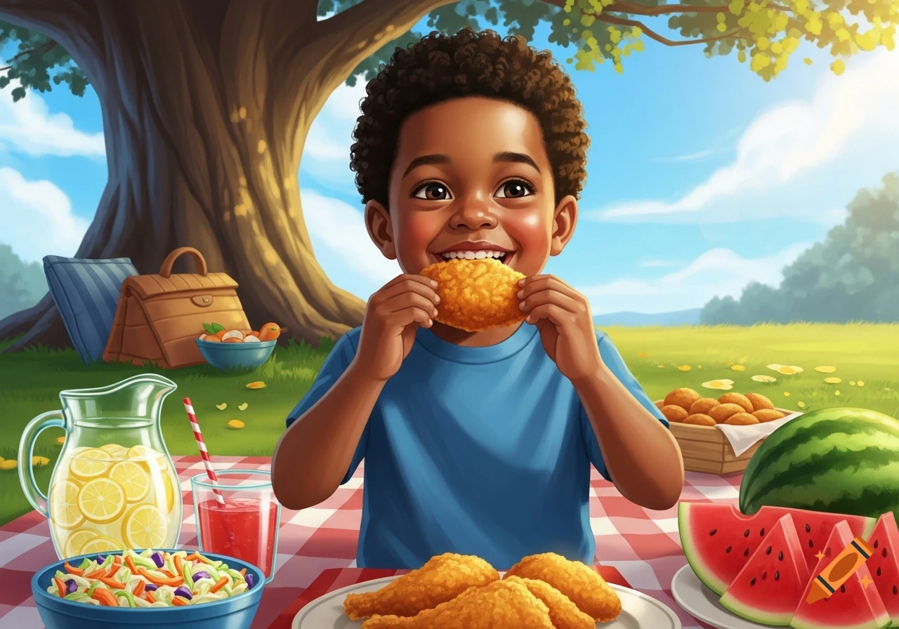 A smiling Black boy in an illustration eats fried chicken at an outdoor picnic with watermelon, lemonade, and salad.