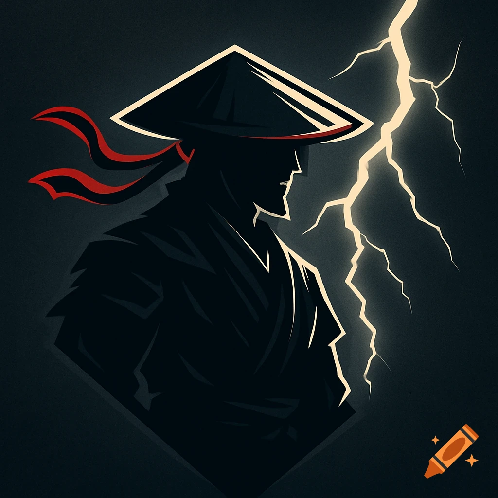 Stylized silhouette of a samurai in a conical hat with a red ribbon, backlit by a bright bolt of lightning.